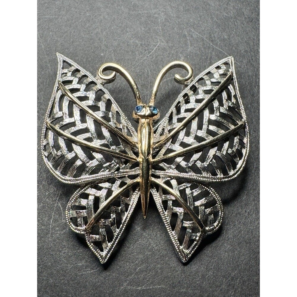 Vintage AVON Butterfly Brooch Two Tone Gold Silver Lattice Blue Rhinestone Eyes